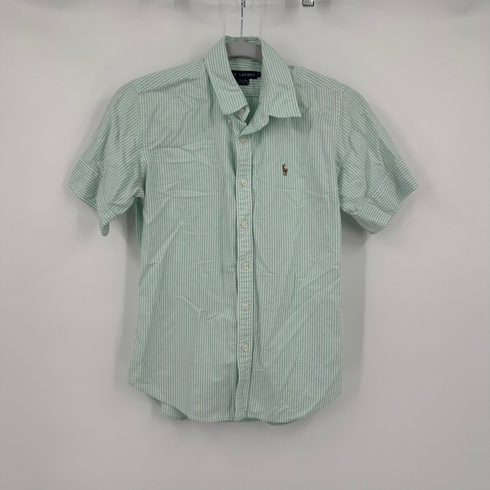 Ralph Lauren Kid Prepppy Green White Striped Short Sleeve Button Down Shirt Sz 4